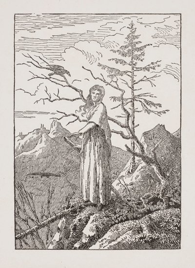 Frau mit Rabe am Abgrund von Caspar David Friedrich