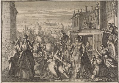 Frauen knien in Paris vor Königin Anna und bitten sie, die Steuern zu senken, 1645 von Caspar Luyken (attributed to)