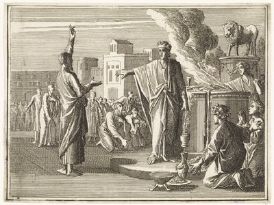 Der Gottesmann aus Juda prophezeit gegen den Altar, auf dem Jerobeam den Kalbdienst ausübt von Caspar Luyken