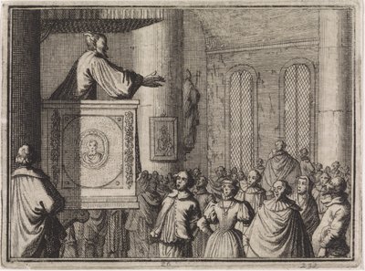 Teufel spricht von einer Kanzel zu einer Menschenmenge von Caspar Luyken