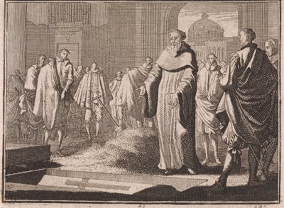 H. Bernardus betrachtet ein geöffnetes Grab von Caspar Luyken
