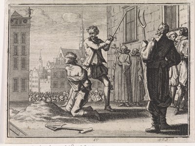 Enthauptung eines Jungen unter Aufsicht von Geistlichen und dem Teufel von Caspar Luyken