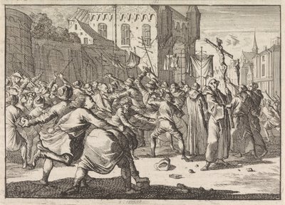 In Danzig wird eine Prozession mit Steinwürfen vom Volk begrüßt, 1678 von Caspar Luyken