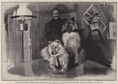 Die Jackson-Harmsworth-Polarexpedition, Herr Jackson zu Hause mit seinen zwei besten Bärenhunden, Nimrod und Raving von Cecil Charles Windsor Aldin