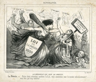 Illustration von Cham (1819-1879) in Le Charivari, circa 1850-4-3 - Das neue Gesetz über die Presse - Zensur, Presse/Medien, Gesetz - Proudhon Pierre-Joseph (1809-1965), Girardin Emile de (1806-1881) - Allegorie von Amédée de Noé