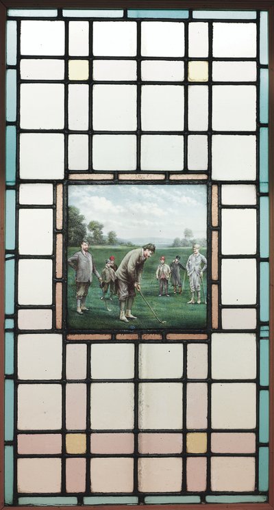 Ein spätviktorianisches Bleiglasfenster mit den Golfern von Charles Edmund Brock
