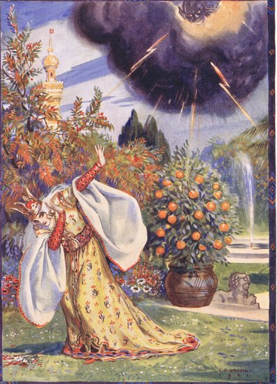 Eine dicke Wolke erschien, aus der Blitze hervorschossen, Szene aus Sucna Murga in Kindererzählungen aus rumänischen Legenden von Moses Gaster von Charles Edmund Brock