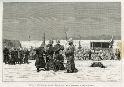 Übungen im Umgang mit Taifourchi-Bollwerkgewehren, Truppen, die von der chinesischen Armee bewaffnet und ausgebildet wurden, Zeichnung von Delort, zur Illustration der Erinnerungen einer englischen Botschaft in Kachgar (oder Kashi, China) in den Jahren 18 von Charles Edouard Delort