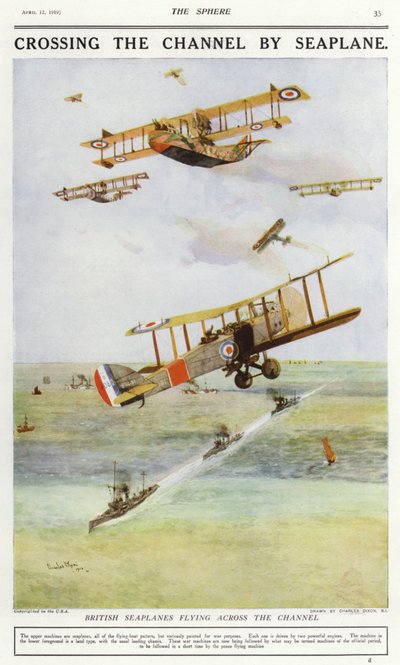 Britische Wasserflugzeuge fliegen über den Ärmelkanal (Farblithografie) von Charles Edward (after) Dixon
