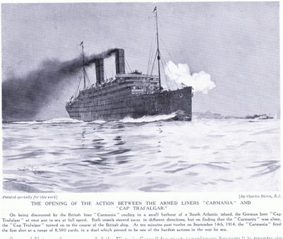 Die Eröffnungsaktion zwischen den bewaffneten Linern Carmania und Cap Trafalgar, Südatlantik, September 1915 von Charles Edward Dixon