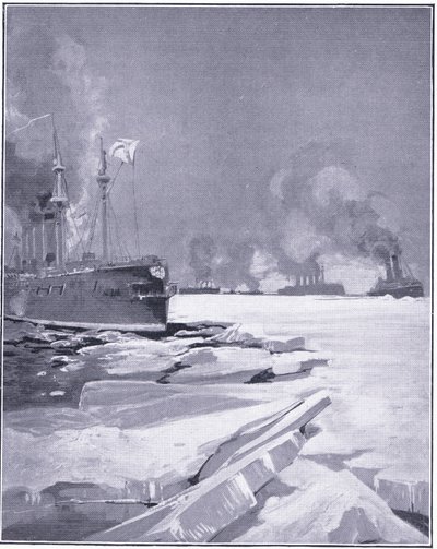Wladiwostok-Geschwader zwingt sich durch das Eis aus dem Hafen von Wladiwostok, Illustration aus Cassells Geschichte des Russisch-Japanischen Krieges Band 1, ca. 1900 von Charles Edward Dixon