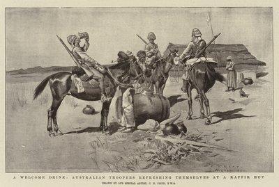 Ein Willkommensgetränk, australische Truppen erfrischen sich an einer Kaffir-Hütte von Charles Edwin Fripp