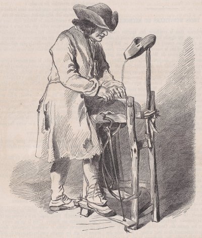 Musée du Louvre, Sammlung der Zeichnungen, Der Scherenschleifer, von Watteau, aus Magasin Pitto..., ca. 1852 von Charles Emile Jacque