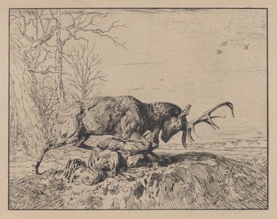Hirsch kämpft gegen einen Wolf, nach Antoine Louis Barye, 1846 von Charles Emile Jacque