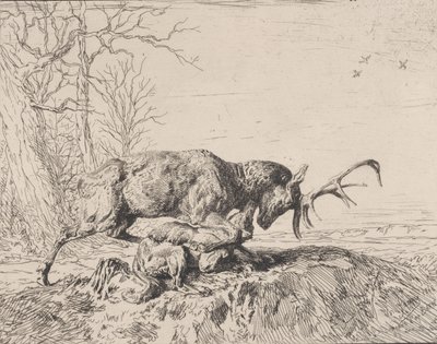 Hirsch kämpft mit einem Wolf, nach Antoine Louis Barye von Charles Emile Jacque