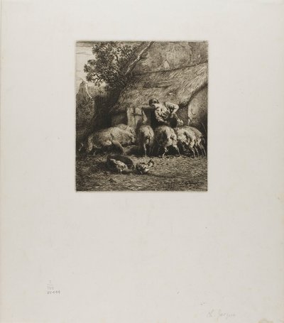 Frau füttert sechs Schweine von Charles Emile Jacque