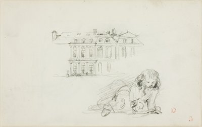 Skizzen: Das Rathaus von Tours und ein Mädchen beim Spielen (Vorderseite); Storch (Rückseite) von Charles Francois Daubigny