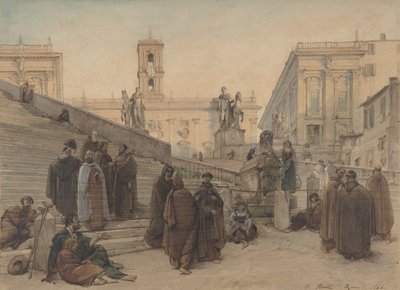 Das Kapitol vom Treppenaufgang der Kirche Aracoeli in Rom bei Sonnenuntergang von Charles Francois Houel