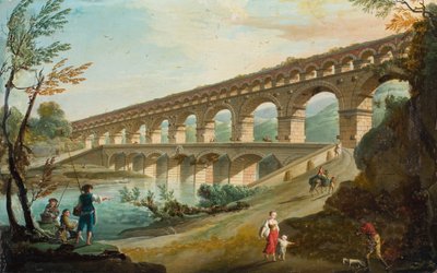 Flusslandschaft mit Figuren auf einer Straße neben einem doppelten Aquädukt von Charles François Grenier de (attr.to) Lacroix