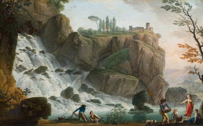 Felsige Landschaft mit Figuren an einem Wasserfall von Charles François Grenier de (attr.to) Lacroix