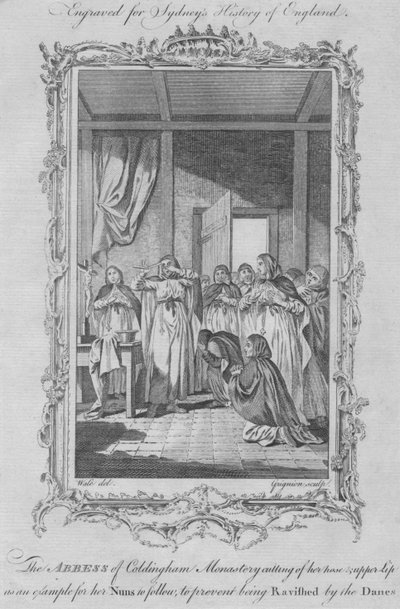 Die Äbtissin des Klosters Coldingham verstümmelt sich selbst, um eine Vergewaltigung durch Wikinger zu vermeiden, 1773 von Charles Grignion