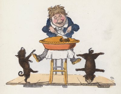 Junge isst einen Kuchen, während sein Haustierhund akrobatische Kunststücke vorführt (farbige Gravur) von Charles Henry (after) Bennett