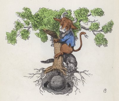 Kuh auf einem Baum über einer Katze, die Mäuse jagt, die Käse essen (farbige Gravur) von Charles Henry (after) Bennett