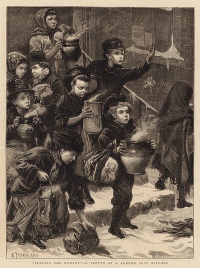 Die Hungrigen füttern, eine Skizze in einer Londoner Suppenküche von Charles J. Staniland