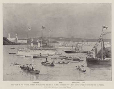 Der Besuch des deutschen Kaisers in Palästina, die königliche Yacht Hohenzollern mit Begleitschiffen beim Einlaufen in den Bosporus von Charles John de Lacy