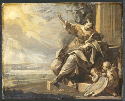 Sitzende weibliche Figur mit zwei Putten und Flusslandschaft, Grisaille von Charles Le Brun