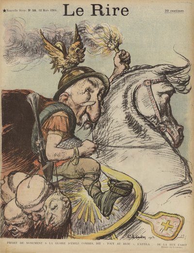 Karikatur des französischen Premierministers Emile Combes als Attila der Hunne. Illustration für Le Rire von Charles Leandre