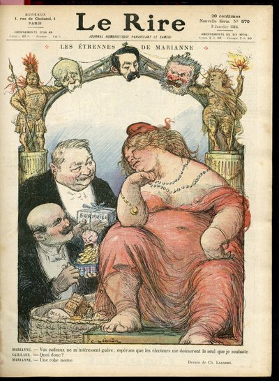 Illustration von Charles Leandre (1862-1934) für das Cover von Le Rire, 03/01/14 - Les étrennes de Marianne - Tribun - Clemenceau George, Jaurès Jean, Briand Aristide, Marianne, Caillaux Joseph (1863-1944) von Charles Leandre