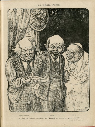 Illustration von Charles Leandre (1862-1934) in Le Rire, 03/06/22 - Die drei Päpste - England Großbritannien, U.S.R., Verifier dates, Reichstag - Lenin, Lloyd George, Pius XI von Charles Leandre