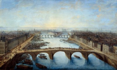 Panoramablick auf Paris über die Pont Royal im Jahr 1741 von Charles Leopold Grevenbroeck
