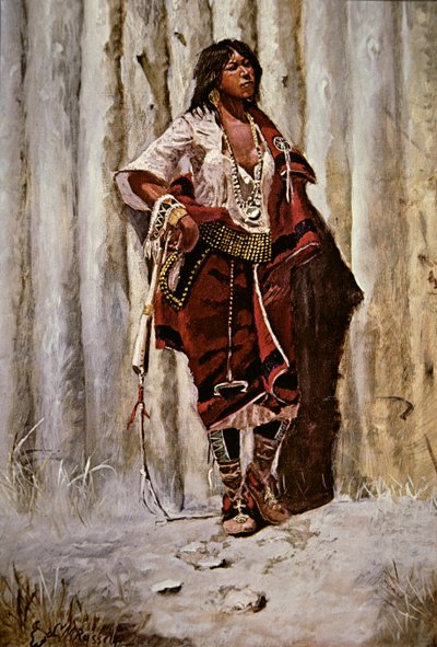 Indianisches Mädchen an der Palisade von Charles Marion Russell