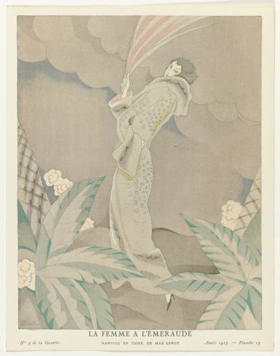 Gazette du Bon Ton 1923, Nr. 5, Pl. 23: Die Frau mit dem Smaragd - Mantel aus Tigerfell, von Max-Leroy von Charles Martin