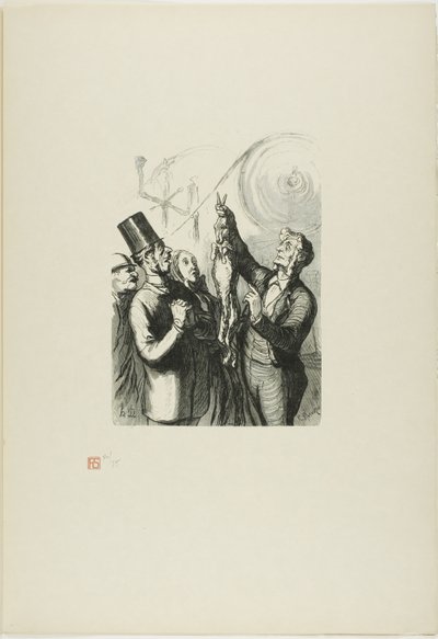 Auf der Weltausstellung: Der Hersteller von Filzhüten. Hier sehen Sie ein lebendes Kaninchen, das ich so in die Maschine werfen werde... von Charles Maurand