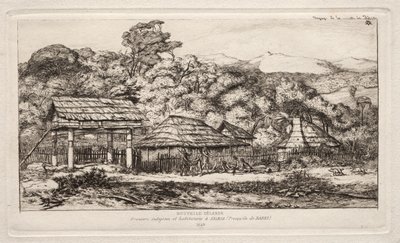 Einheimische Scheunen und Hütten in Akaroa, Banks-Halbinsel, 1845 von Charles Meryon