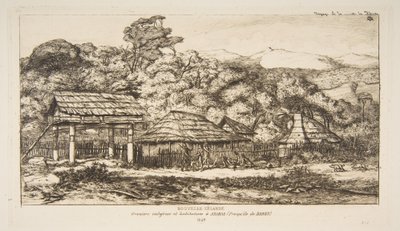 Einheimische Scheunen und Hütten in Akaroa auf der Banks-Halbinsel, 1845, aus „Die Reise nach Neuseeland (1842-46)“ von Charles Meryon
