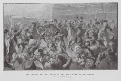 Kavallerie greift eine Menschenmenge in den Straßen von St. Petersburg an, Erste Russische Revolution von Charles Mills (after) Sheldon