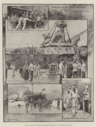 Marineaktivität in der Werft von Portsmouth, Abfahrt des Fliegenden Geschwaders von Charles Murray (after) Padday