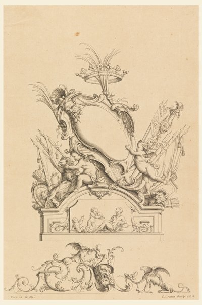Entwurf für Kartusche mit Krone, zwei Putti, die Bacchus dienen, und zwei Löwen aus "Cartouches Nouvellement Inventez" von Charles Nicolas Cochin the younger