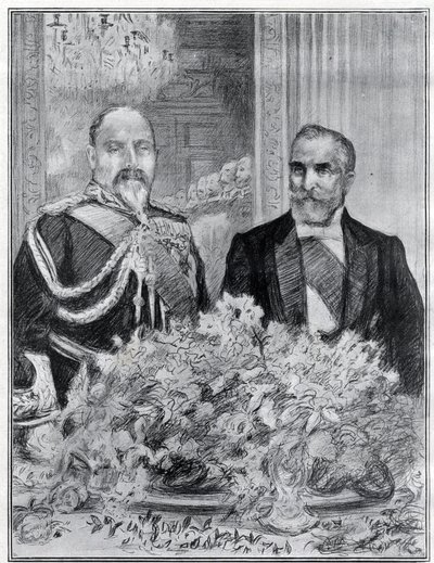 Herzlich: Der Besuch des französischen Präsidenten Emile Loubet in London - das Bankett in der französischen Botschaft - König Edward VII. und Loubet - gezeichnet von Paul Renouard für die Zeitung The Graphic. Juli 1903. von Charles Paul Renouard