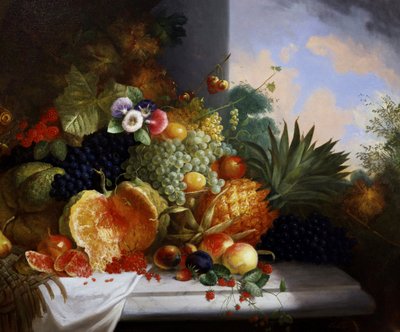 Stillleben mit Früchten (darunter Himbeeren, Trauben, Passionsfrüchte, Melonen, Johannisbeeren, Ananas, Pfirsiche). Gemälde von Charles Stuart von Charles Stuart