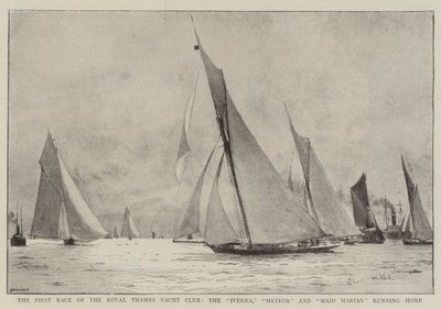 Das erste Rennen des Royal Thames Yacht Club, die Iverna, Meteor und Maid Marian laufen nach Hause von Charles William Wyllie