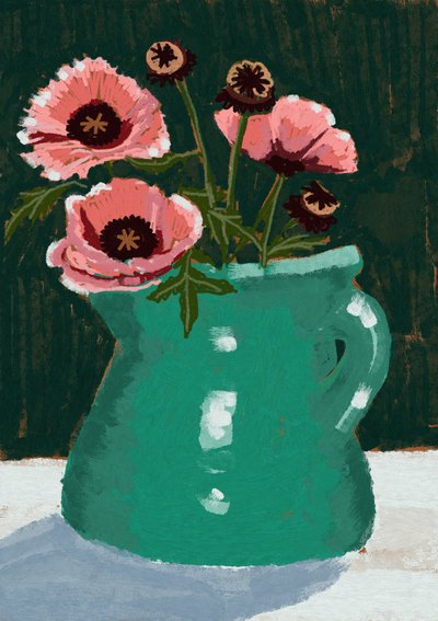 Rosa Mohnblumen Grüner Vase von Charlotte Trudgett