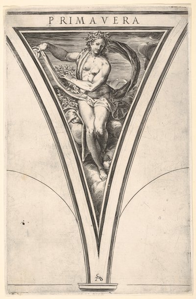 Frühling Primavera dargestellt als Frau mit flatterndem Tuch und Girlanden, ca. 1570-1615 von Cherubino Alberti