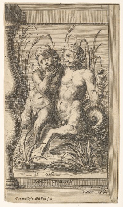 Zwei Tritonen umarmen sich, einer spielt eine Panflöte, der zweite hält eine Muschelschale, gesetzt innerhalb ..., 1579 von Cherubino Alberti