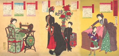 Hofdamen nähen westliche Kleidung, 23. August 1887 von Chikanobu Yoshu