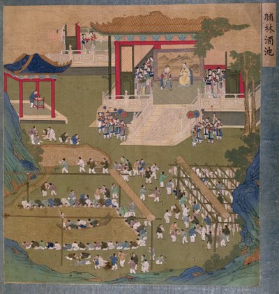 Alter chinesischer Kaiser und Kaiserin halten Hof vor Höflingen, die auf einem Teich Reiswein trinken und sich Speckstreifen nehmen von Chinese School